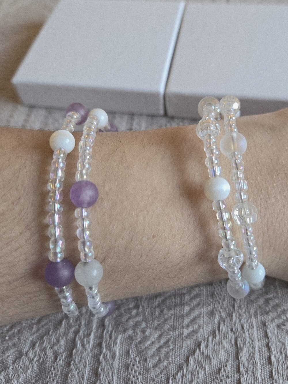 Bracelet Set Handmade Iridescent and Lavender Beads Wire Wrap